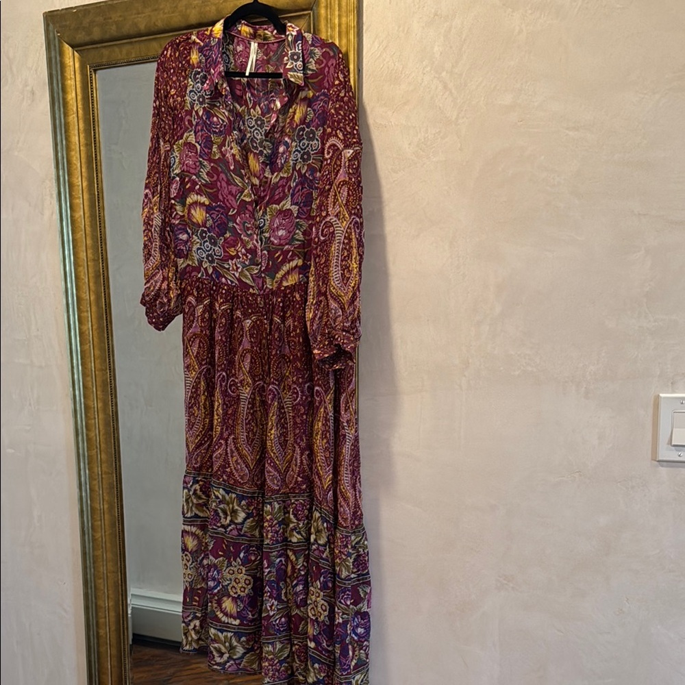 Anthropologie Burgundy layered sheer viscose over slip maxi dress size M